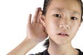 Asian girl listening by handÃ¢â¬â¢s up to the ear Royalty Free Stock Photo